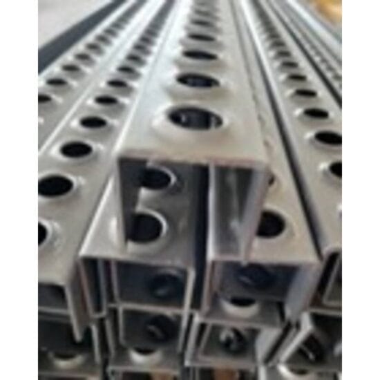 Perforated ladder rungs for steel ladders with natural surface.